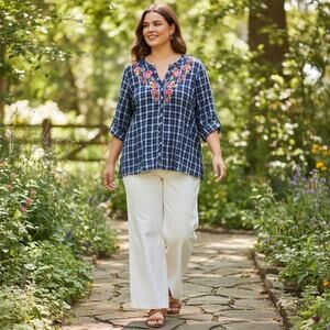 Andree NWT Gingham Embroidered front/back Blouse Prairie Festival Western Sz 1X